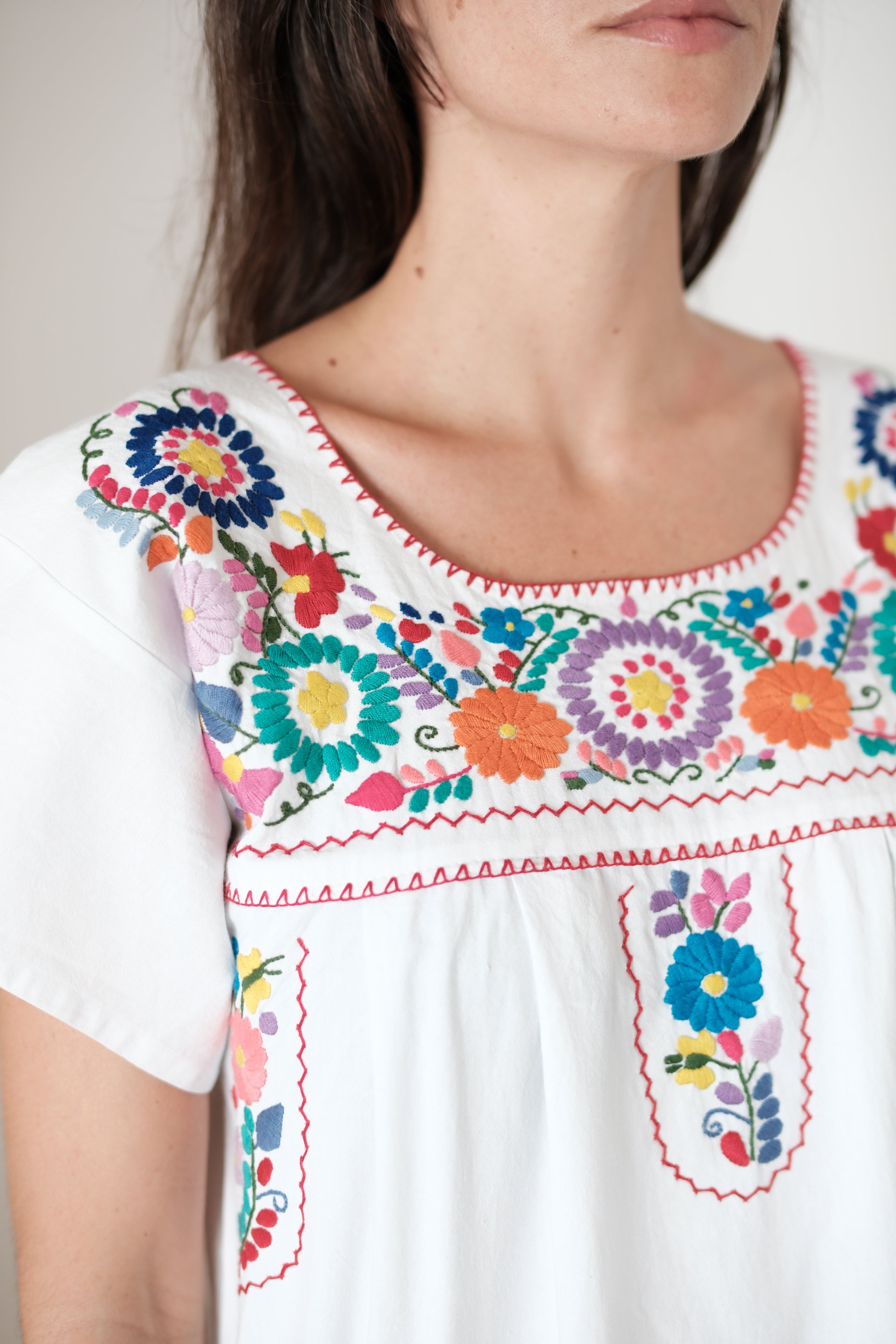 Mexican hand embroidered shirt with flowers, white