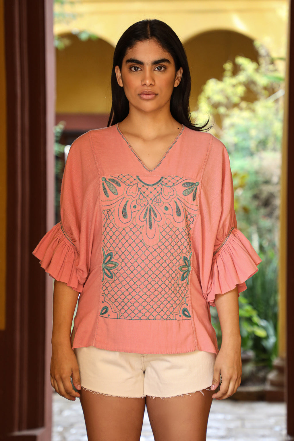 Handmade summer top with extra wide sleeves in pink with embroidery in green